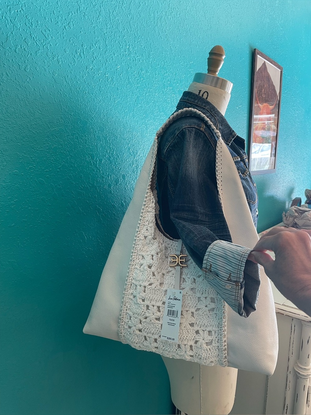 Sam Edelman White Leather Crochet Knit Tote Shoulder bag